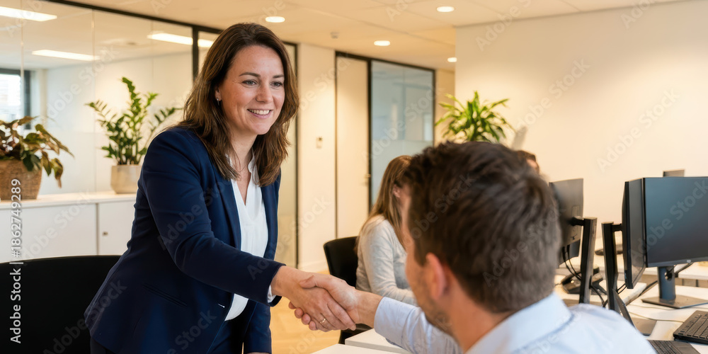 Fototapeta premium Business office people close handshake job interview hand up teamwork professional setting, warm smile shows trust and success in modern workplace collaboration