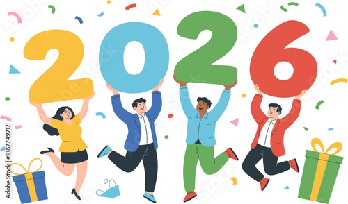 Diverse group of happy people holding large colorful 2026 numbers for New Year celebration