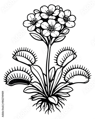 Line art illustration of a carnivorous plant depicting its flowers and root system for educational purposes