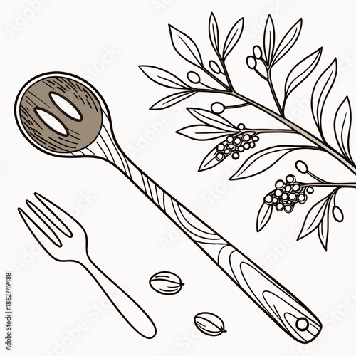 Wooden Spoon and Fork Set Vector Illustration