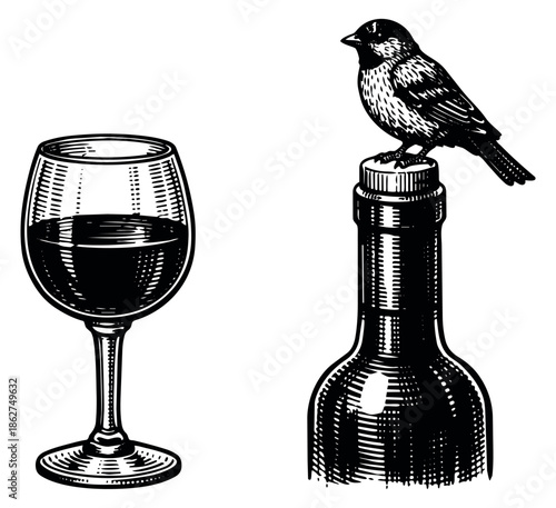 Hand drawn line art wine set featuring a glass of wine and a bird perched on a wine bottle for beverage industry design