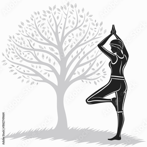 Balanced Yoga Tree Pose Silhouette Vector Graphic