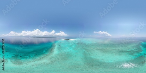 360 degree aerial panorama of Mnemba atoll coral reef, tropical lagoon, Zanzibar