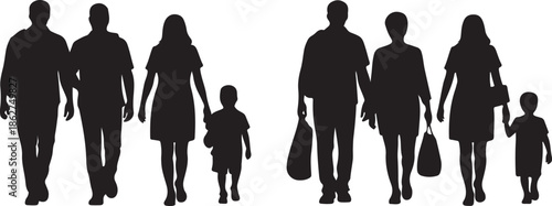 Two separate family groups with adults and children walking depicted as dark black silhouettes