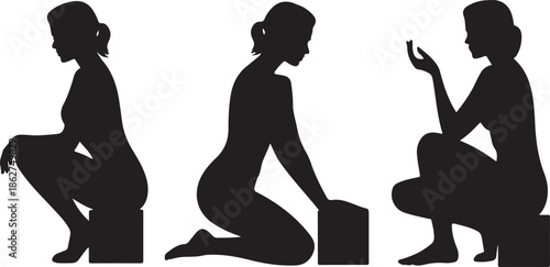 Three female figures in silhouette are depicted squatting and kneeling in various seated poses
