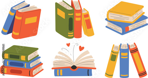 A collection of brightly colored cartoon books arranged in various piles and open designs