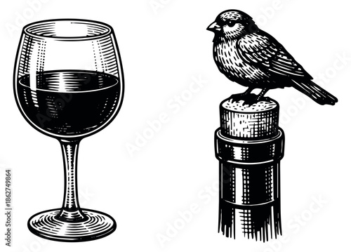 Vintage style line art set featuring a wine glass and a bird perched on a corked bottle for wine tasting events and nature-inspired designs