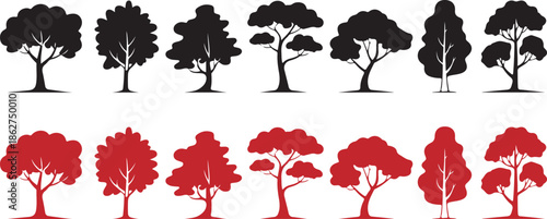A diverse collection of tree silhouettes with various shapes in both black and red colors
