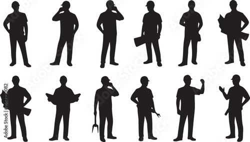 A diverse group of ten male construction workers with tools and blueprints are shown in various working poses