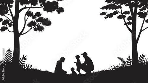 A silhouette scene of a family with two parents and two small children playing under trees