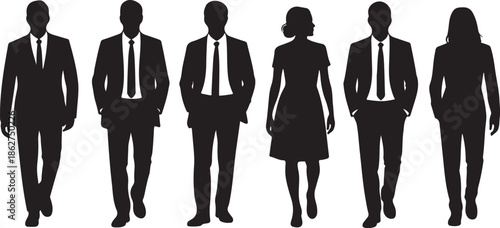 Black silhouettes illustrating several business professionals in formal attire standing and moving