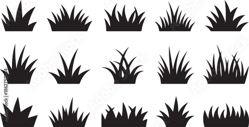 Collection of various green grass clumps in silhouette style isolated on a plain white background