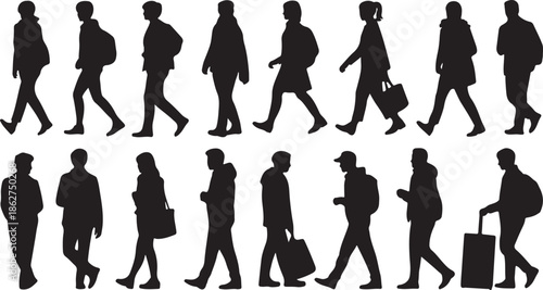 Diverse group of people in black silhouette walking and standing on a clean white background