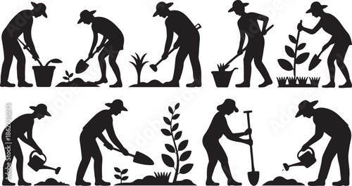 Diverse black silhouettes of people gardening, planting, watering, and digging with various tools