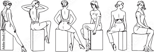 Elegant line drawings depict women sitting on cuboid blocks in various stylish poses