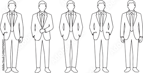Five identical outline drawings of men wearing professional business suits and ties standing straight