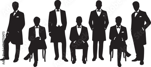 Formal black silhouettes of distinguished gentlemen wearing suits and bow ties standing and sitting