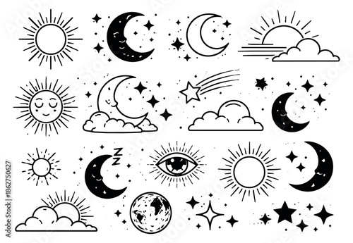 Hand drawn celestial elements set featuring suns, moons, stars, clouds, earth, and an all-seeing eye for mystical design