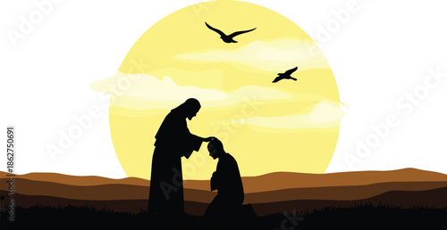 Spiritual silhouette scene with sunset, kneeling figure and blessing gesture, peaceful landscape with birds and emotion, symbolic flat vector