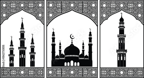   
Islamic mosque silhouette panels, decorative minaret and dome artwork, cultural religious architecture with ornate borders and motifs, elegant flat vector