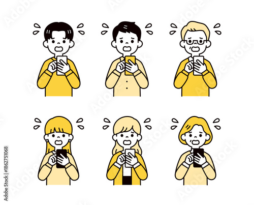 焦った・慌てた様子でスマホを操作する、様々な年齢の男性と女性のベクターイラスト素材セット