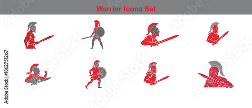 Ancient spartan warrior icons set featuring helmets, swords, and shields for various design projects