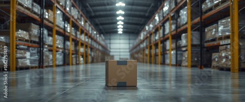 Wallpaper Mural Cardboard box in a large modern warehouse with high shelves Torontodigital.ca