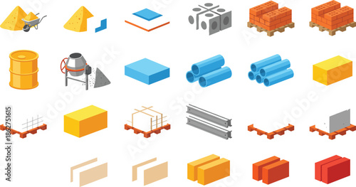 Construction materials and supplies vector set featuring bricks blocks cement pipes steel beams and industrial building elements