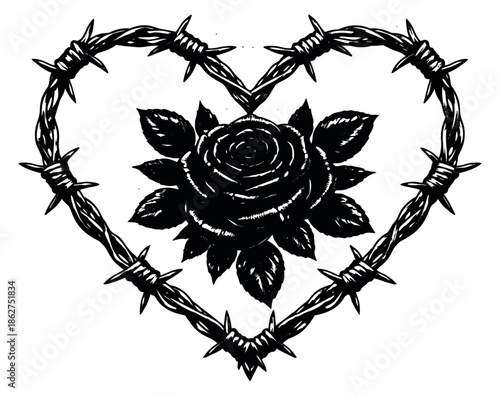 Hand drawn illustration of a rose in a barbed wire heart depicting strength and vulnerability for graphic design