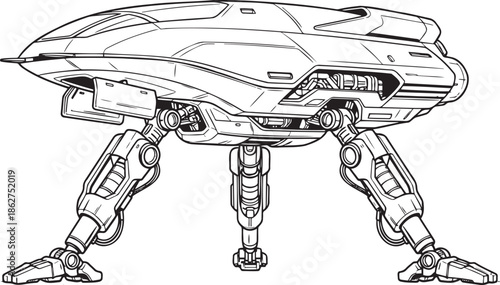 Futuristic robot spacecraft with advanced legs standing on ground