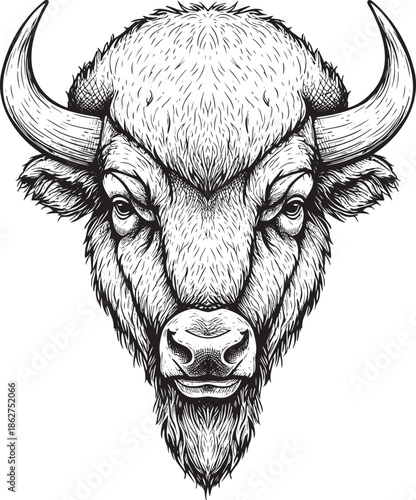 Detailed illustration of a bison's head with strong horns and fur