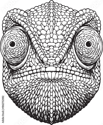 Detailed illustration of a chameleon's face with large expressive eyes