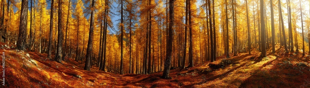 Fototapeta premium A serene forest scene with golden autumn foliage, sunlight filtering through tall trees, creating a warm and inviting atmosphere.