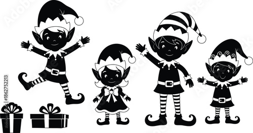 Christmas elves with gift boxes, festive holiday characters in playful poses, cheerful seasonal celebration illustration for decor, joyful flat vector