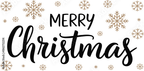 Merry Christmas typography with black cursive script and golden snowflake background for winter holiday