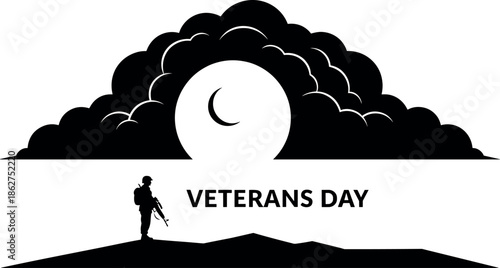 Vector silhouette illustration featuring a soldier on a mountain ridge under a crescent moon for Veterans Day remembrance