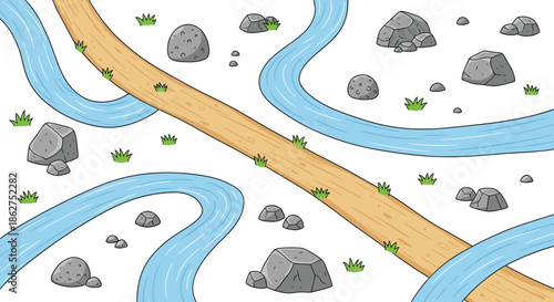 Cartoon River and Dirt Path Map Illustration with Winding Streams, Rocks and Grass Showing Nature Terrain for Game Design, Backgrounds and Educational Maps