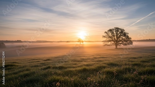 Serene landscape with tree at sunrise.