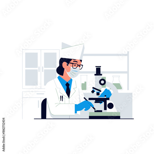 Scientist working with microscope in modern laboratory, illustration