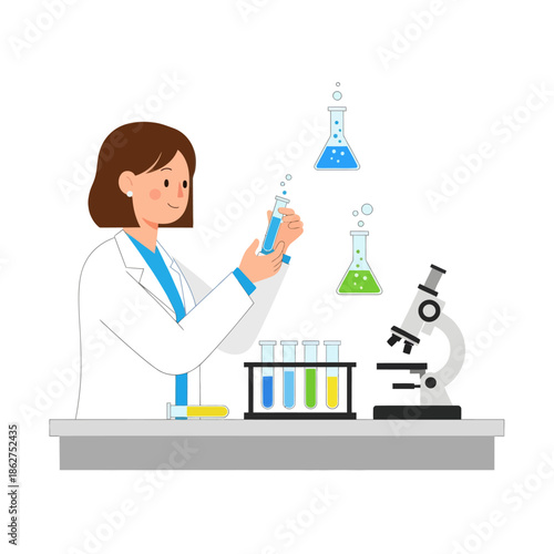Female scientist in lab coat conducting experiment with test tubes and microscope