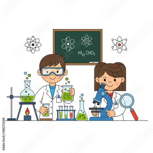 Children in lab coats conducting chemistry experiments with beakers, microscope, and Bunsen burner