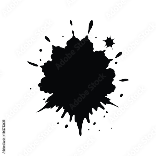 Black explosive ink splatter silhouette with comic style burst on white background Vector illustration