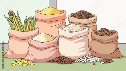 Assortment of farm harvested grains and legumes in traditional sacks