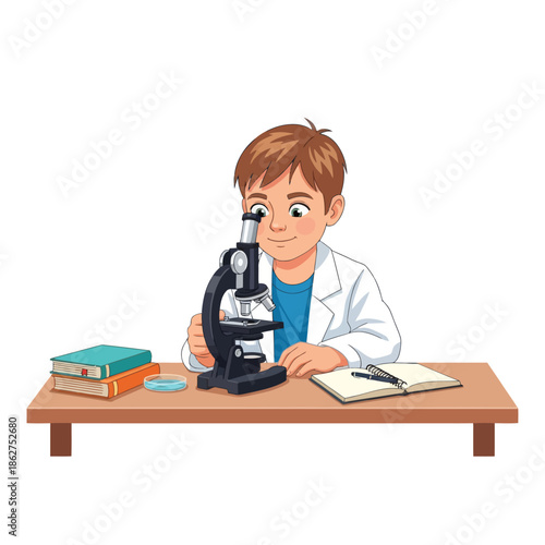 Young boy in lab coat looking through microscope, science education, laboratory desk