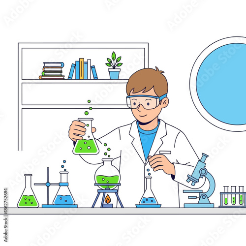 Young scientist in lab coat conducting experiment with bubbling green liquids in flasks