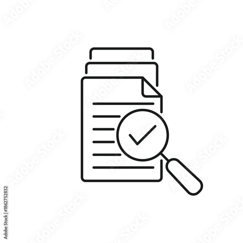 magnifying glass like check assess. scrutiny plan, verify service critique process and annual examination concept. flat style logotype graphic design quality sign or success proven on white background