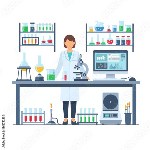 Female scientist working in a modern laboratory with microscope, computer, and equipment