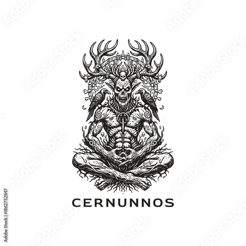 Intricate dark fantasy engraving of the Celtic god Cernunnos depicted as a horned skeleton sitting in a meditative pose with ravens