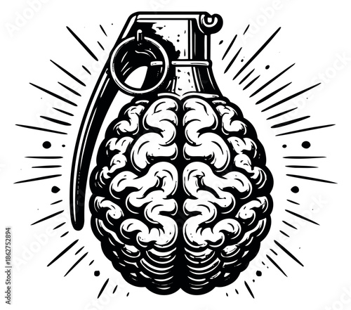Hand drawn line art illustration of a brain grenade depicting intelligent strategy for creative thinking