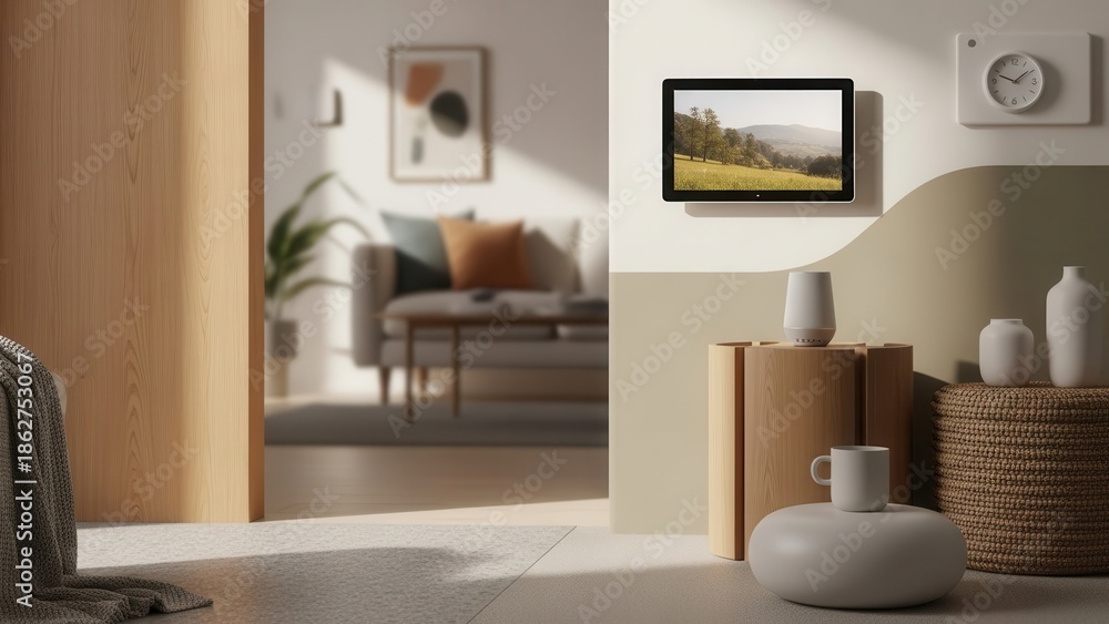 Fototapeta premium Smart home interface tablet mounted wall modern interior living room automation control background